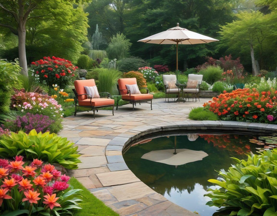 A beautifully designed, spacious outdoor garden with a variety of colorful flowers, a serene pond with lily pads, a cozy seating area with elegant garden furniture, and ambient lighting illuminating a stone pathway. A skilled gardener wearing a hat is seen tending to the plants, with a backdrop of a charming fence and lush greenery. super-realistic. vibrant colors. peaceful atmosphere.