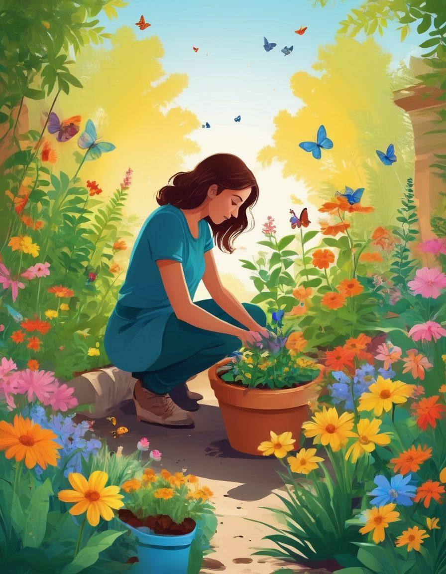 A vibrant garden scene featuring lush, eco-friendly plants in colorful pots made from recycled materials, with a gardener in stylish, sustainable attire tending to the plants. Background includes a serene, sunlit atmosphere with butterflies and bees. vector art. vibrant colors.