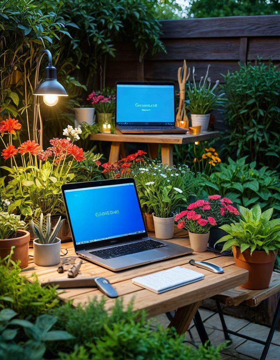A lush, vibrant garden brimming with diverse plants and stylishly arranged garden tools, with a laptop on a garden table displaying a website about gardening tips. The background features a serene, eco-friendly garden landscape with solar lights. vibrant colors. super-realistic.